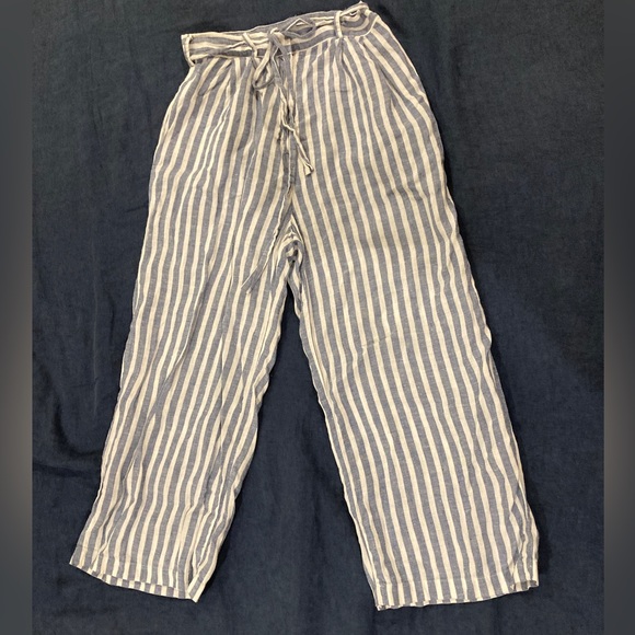 OFFON Cropped Belted Striped Blue White Linen Pants size small - Picture 2 of 5